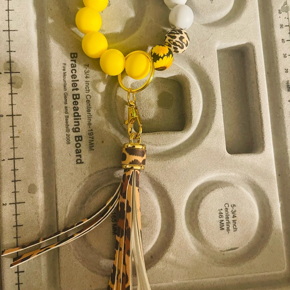 Yellow and Leopard Beaded Keychain with Tassel